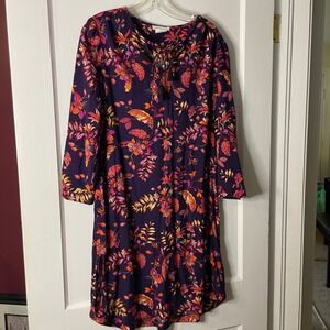 Beach Lunch Lounge Floral‎ Print Dress Long Sleeve Boho Tassel Tie S